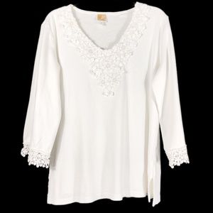 White Embellished V Neckline And Sleeve Cotton Knit Top